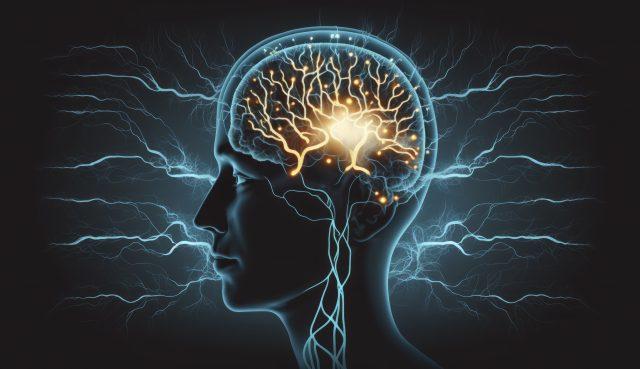Human head with glowing neurons in brain. Esoteric and meditation concept. Connection with other worlds. Creates with Generative AI